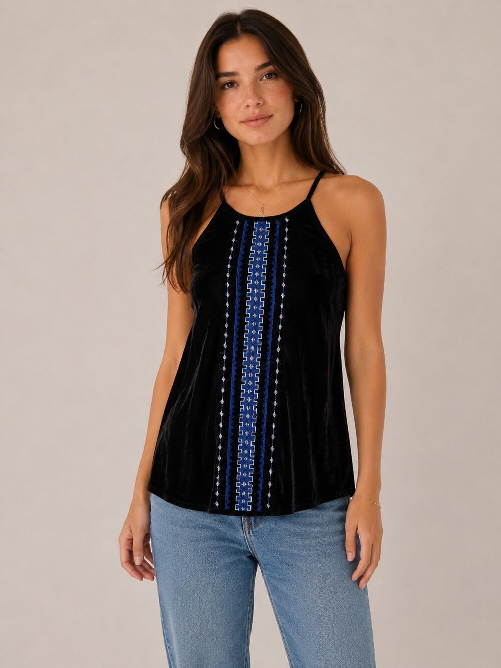 THML Nordstrom Black Velvet Geometric Embroidered Halter Tank Top M Boho Blouse